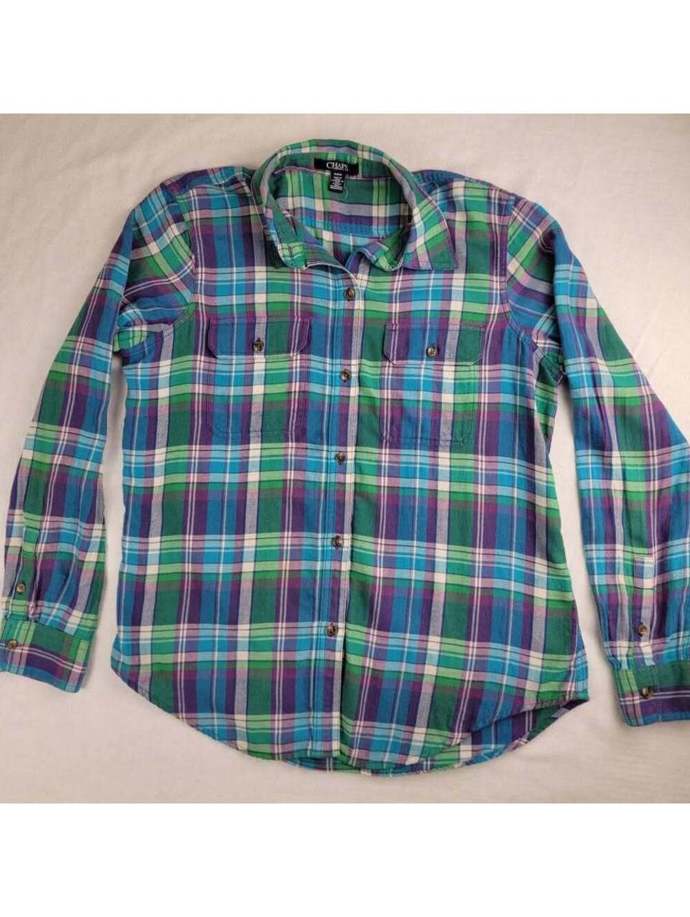 Vintage Chaps Ralph Lauren Women M Plaid Button Down Shirt Teal Purple Boho 90s